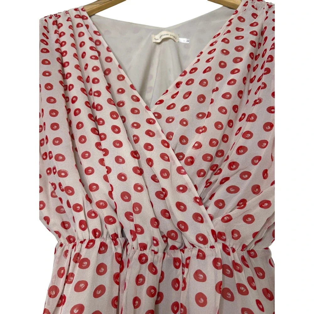The Addison Story Anthropologie 100% Silk Red Dot Mini Dress XS Ruched Sleeve